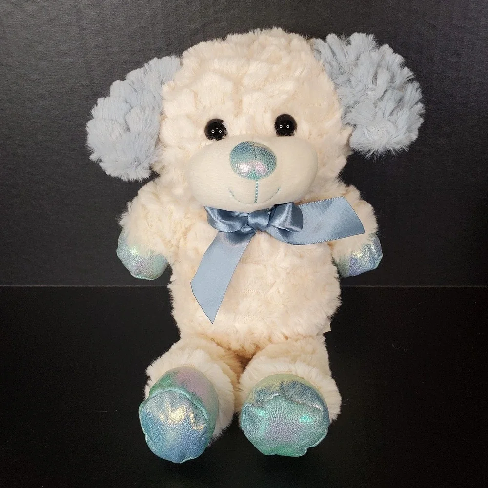 KellyToy White Dog Plush Blue Ears Iridescent Paws‎ Satin Bow 11